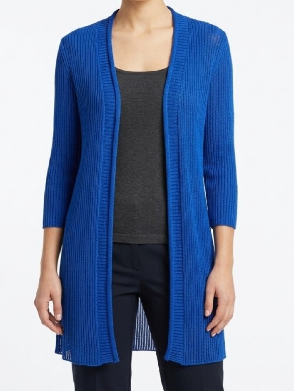 Chico's Travelers Cardigan 0 Womens Medium Blue Acrylic Wool Blend Ribbed Knit S
